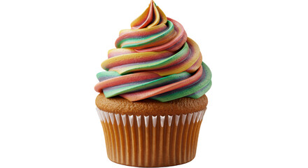 Vibrant Cupcake with Swirled Rainbow Frosting on a Warm Background
