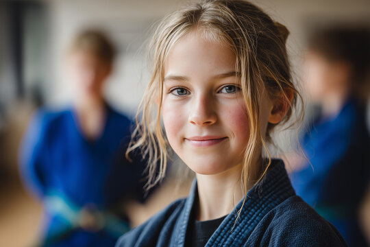 Confident young martial arts student in dark gi smiling at camera during dojo training, a focused portrait of a girl practicing judo or jiu-jitsu
