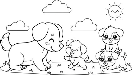 A heartwarming scene of a mother dog with her playful puppies in a sunny, cloudfilled landscape, radiating love and joy