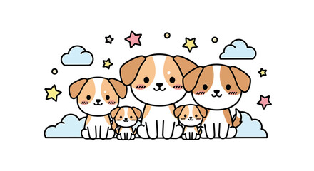 A delightful gathering of adorable puppies with stars and clouds, creating a whimsical and heartwarming scene