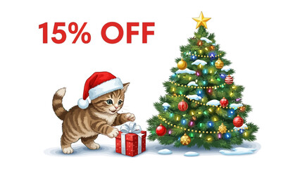 Festive Season Promotion: An adorable kitten adorned in a Santa hat, interacting with a Christmas gift, positioned alongside a vibrant Christmas tree with shimmering ornaments.