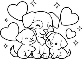 A heartwarming coloring page featuring a mother dog surrounded by her two adorable puppies, hearts, and sparkling stars