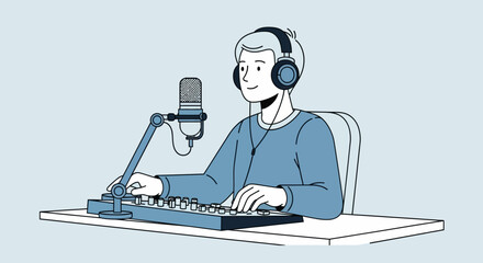 Person wearing headphones at a desk with a microphone and keyboard, creating audio content
