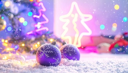 Christmas Ornaments on Snow Festive Season with Glowing Lights and Holiday Decorations