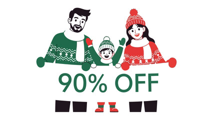 Winter Sale Family: A joyful illustration of a family, adorned in winter attire, showcasing a significant 90% discount promotion, perfect for seasonal campaigns.
