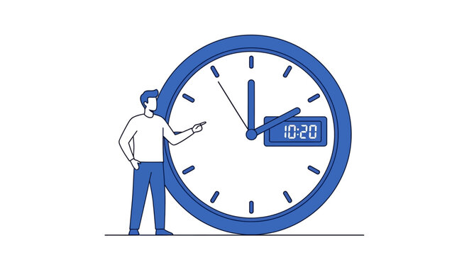 A man points to a large clock face, indicating the time on a digital display, symbolizing punctuality and time management