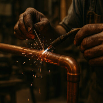 Close up of worker welding copper pipe with sparks flying. focused, industrial workshop setting with warm indoor lighting, shallow focus, and gritty texture