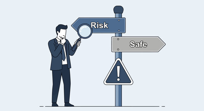 Navigating Uncertainty A Businessman Inspects a Signpost Offering a Choice Between Risk and Safety