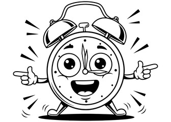 A cheerful, ringing alarm clock mascot pointing. Black and white vector line art, isolated for logos, coloring books, or deadline concepts.