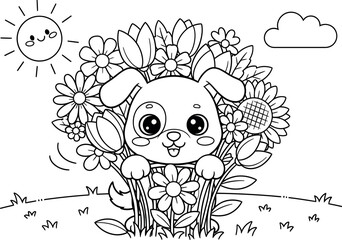 A cute puppy is surrounded by a vibrant array of flowers, with a smiling sun and a fluffy cloud adding to the cheerful scene