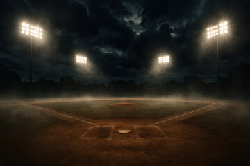 Dramatic empty baseball field at night under bright stadium light. misty atmosphere on ground creates feeling of suspense and anticipation before game