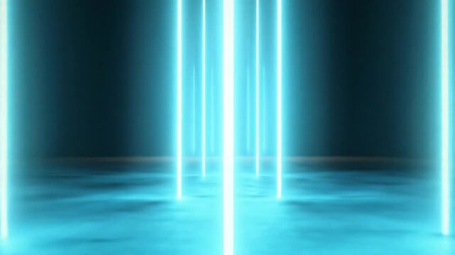 Futuristic neon blue light beams creating an abstract glowing tunnel effect with misty fog on a dark background, technology concept.