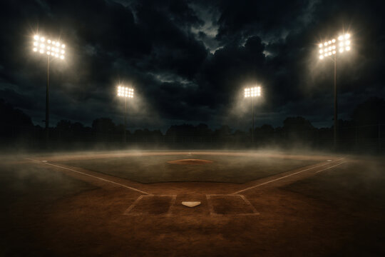Dramatic empty baseball field at night under bright stadium light. misty atmosphere on ground creates feeling of suspense and anticipation before game