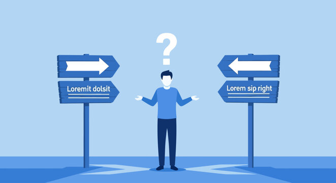 Man standing at a crossroads, looking confused with two signs pointing in opposite directions and a question mark overhead