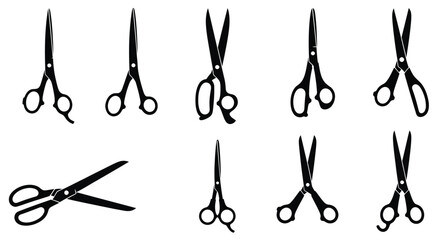 Collection of black scissor silhouettes, featuring various shapes and styles for cutting and crafting