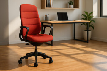 Fototapeta premium Modern red office chair with an ergonomic design on casters sits in peaceful contemporary workspace. professional room has wooden floor with daylight reflections