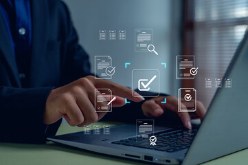 business professional uses digital document management software for online approval, compliance, and verification. Concept of paperless workflow, data security, and business process automation.