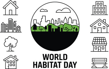 World Habitat Day greeting with house icons. Urban and nature landscape outline concept