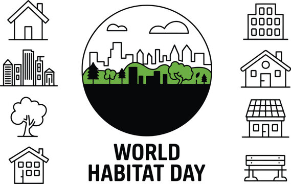 World Habitat Day greeting with house icons. Urban and nature landscape outline concept