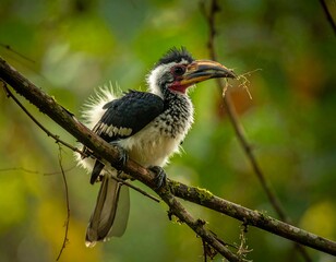Fototapeta premium Bird perched on a branch, holding nesting material. Green leaves in background