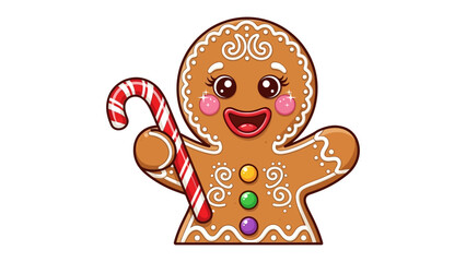 Cheerful Gingerbread man with Candy Cane: A delightful, animated gingerbread man, smiles joyfully while holding a festive candy cane, creating a heartwarming scene of festive joy. 