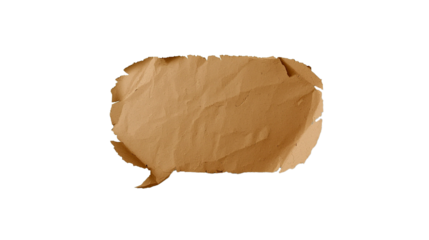A digital illustration of a brown speech bubble with a textured, torn paper effect.