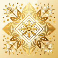 Golden Square Floral Pattern with Leaves and Dots vector