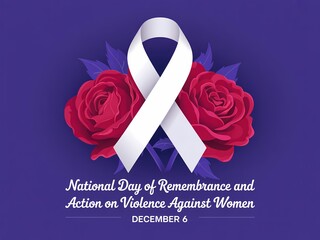 National day of remembrance and action on violence against women december 4th with white ribbon and roses