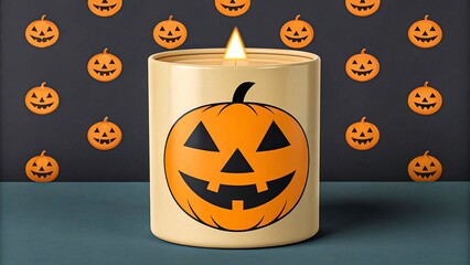Halloween pumpkin candle with jack o lantern face on orange background
