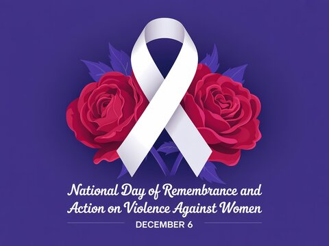 National day of remembrance and action on violence against women december 4th with white ribbon and roses