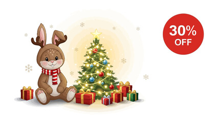 Holiday Cheer and Discount: Adorable rabbit dressed in a reindeer costume sitting next to a Christmas tree surrounded by festive gifts, creating a joyful seasonal scene, along with a discount icon.