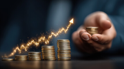 Businessman holding coins and stock chart with rising arrows showing investment growth