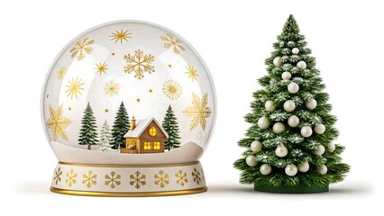 Christmas snow globe with small house and decorated tree isolated on white background
