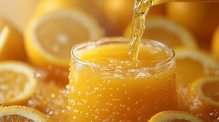 Pouring fresh citrus juice into a glass surrounded by citrus fruit slices close up