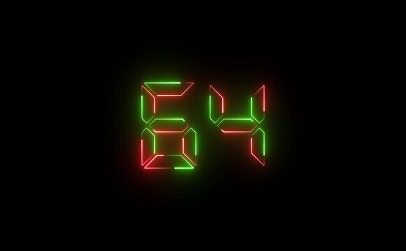 Illuminated sixty four number display with red and green neon glowing lines on a black background
