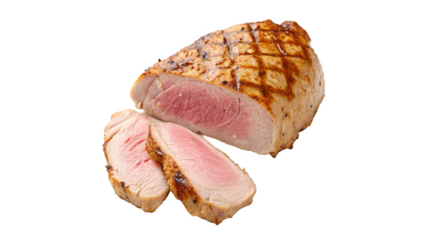 Juicy roast meat with a perfectly pink center on a cutting board, ready to be served as a summer dish on a transparent background