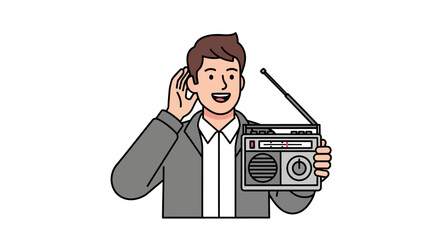 A man holding a vintage portable radio to his ear, listening intently to the broadcast