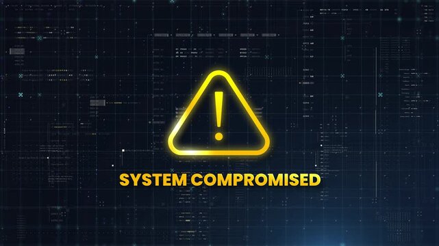 System Compromised warning animations, cybersecurity breaches, IT threats, critical failures tech, software demos, digital threat awareness video alert, need for system protection. 