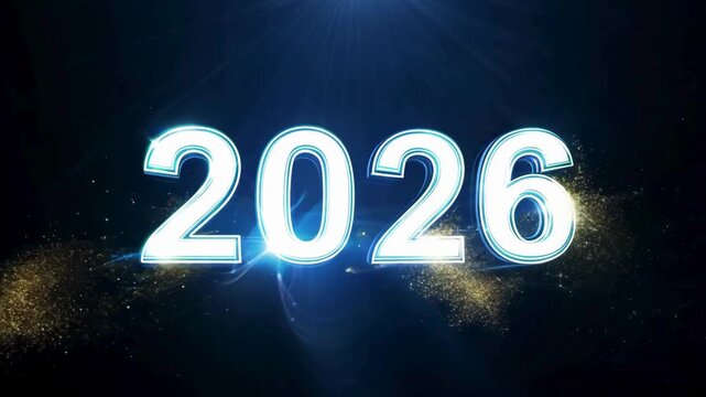 Happy New Year 2026 Blue Neon Text with Gold Sparks, Dark Background with Lens Flare, Modern Animation - Powered by Adobe