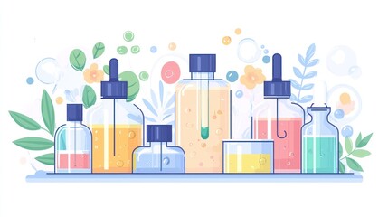 A colorful illustration depicts a row of glass bottles filled with various colored liquids, resembling skincare products. The bottles are arranged on a wooden shelf with green leaves