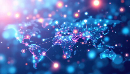Global Network Connection: Digital World Map with Glowing Nodes and Links