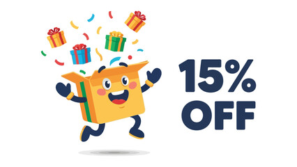 Joyful Discount Reveal: An animated box character cheerfully announces a 15% discount, with a celebratory splash of gifts and confetti, perfect for conveying sales and special offers.