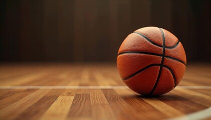 Focused basketball resting on a polished wooden court under soft lighting