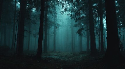 Fototapeta premium Dense fog blankets tall trees evoking a sense of mystery and tranquility in the forest.