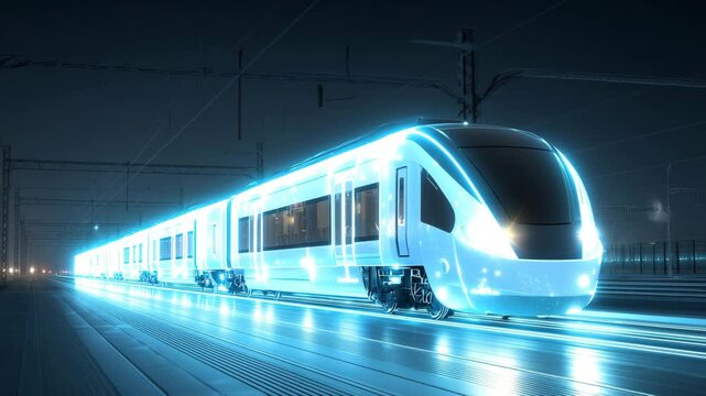 Futuristic electric train on railway tracks with glowing blue light effects representing modern transportation technology system