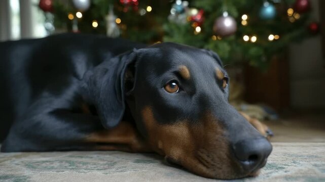 A black and tan dog rests on a patterned carpet looking alertly Blurred background features green foliage with decorative lights and round ornaments
