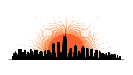 Naklejka premium City Silhouette against the Dawn: An iconic city skyline is silhouetted against a radiant sunrise, a symbol of urban dynamism and the dawn of a new day.