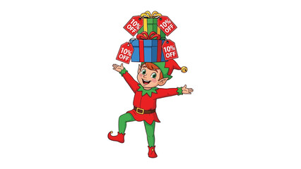 Gift-Bearing Elf: A cheerful elf balances a stack of colorful gift boxes and discount tags with an inviting smile, celebrating the joy of giving and the excitement of holiday sales. 