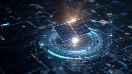 Futuristic digital solar panel floating above glowing blue technology interface representing renewable energy innovation concept - Powered by Adobe