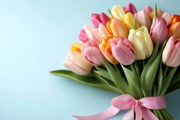 Close-up bouquet tulips are various shades pink Beautiful with colorful